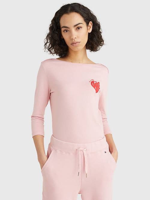 Koszulki Tommy Hilfiger Valentines Heart Print Łódź Neck Damskie Różowe | TH426PKS