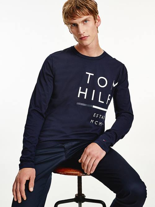 Koszulki Tommy Hilfiger Wraparound Logo Long Sleeve Męskie Niebieskie | TH731QOV