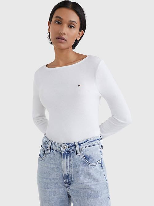 Koszulki Tommy Hilfiger Łódź Neck Long Sleeve Skinny Damskie Białe | TH102TAJ