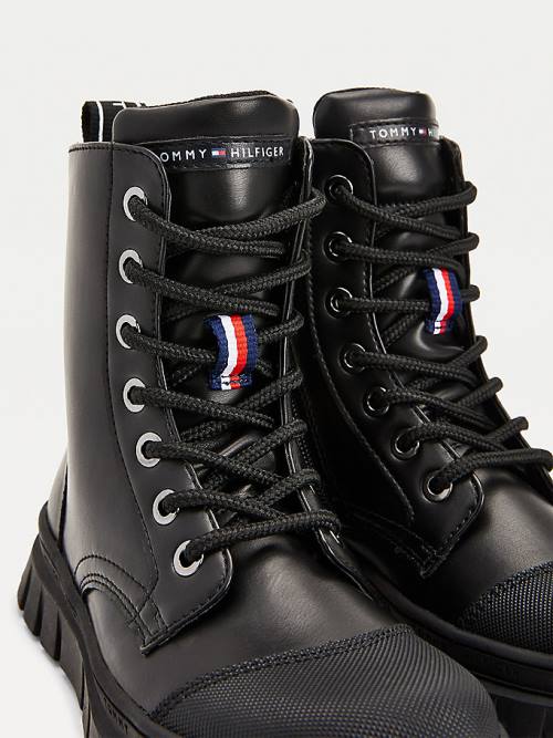 Kozaki Tommy Hilfiger Korki Koronkowe-Up Logo Tape Booties Dziewczynka Czarne | TH096PEK