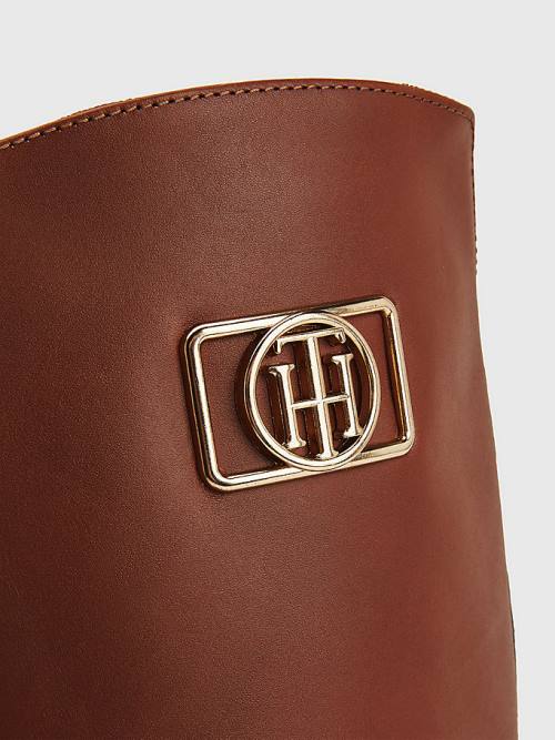 Kozaki Tommy Hilfiger Monogram Plaque Long Skórzane Damskie Brązowe | TH810DAP