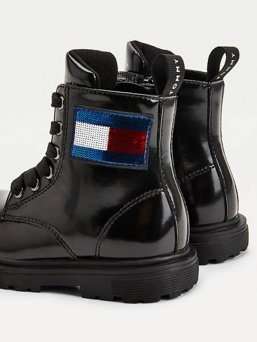 Kozaki Tommy Hilfiger Sequin Flag Lakierowana Koronkowe-Up Dziewczynka Czarne | TH382YKH