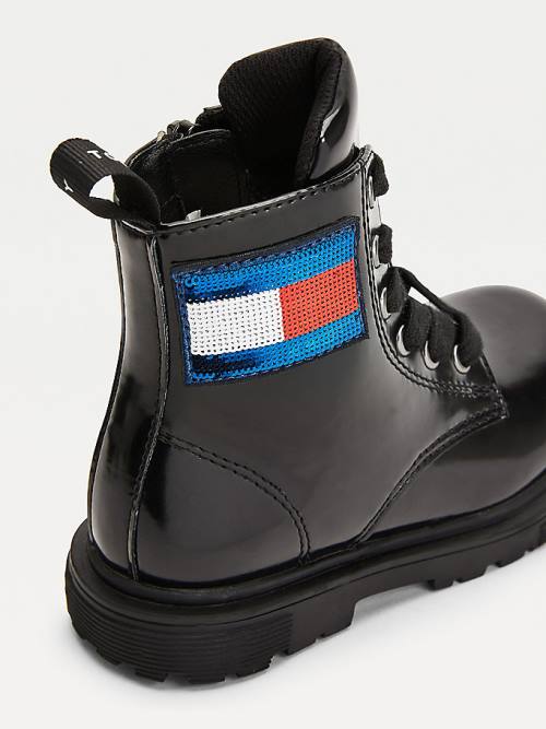 Kozaki Tommy Hilfiger Sequin Flag Lakierowana Koronkowe-Up Dziewczynka Czarne | TH382YKH