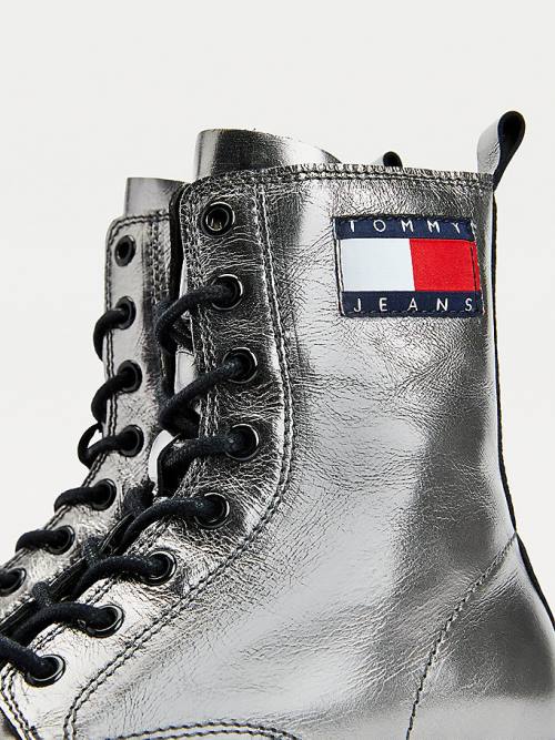 Kozaki Tommy Hilfiger Tommy Badge Metallic Skórzane Korki Damskie Szare | TH598ZGP