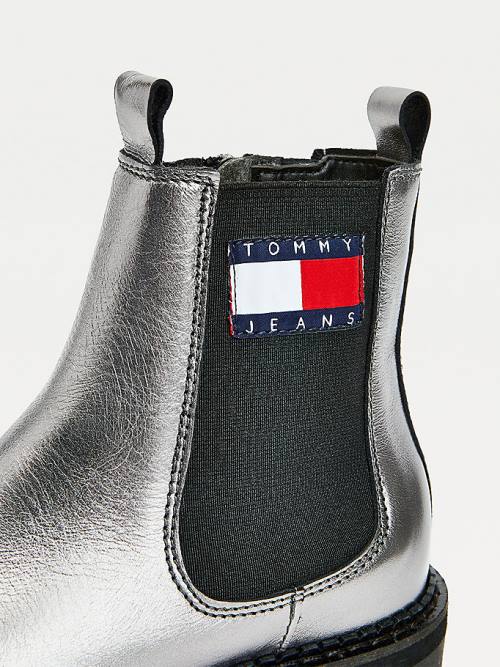 Kozaki Tommy Hilfiger Tommy Badge Metallic Skórzane Korki Damskie Szare | TH920FYK