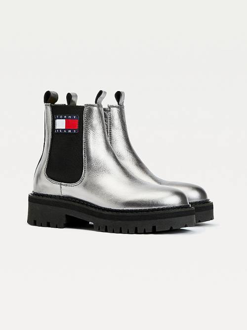 Kozaki Tommy Hilfiger Tommy Badge Metallic Skórzane Korki Damskie Szare | TH920FYK