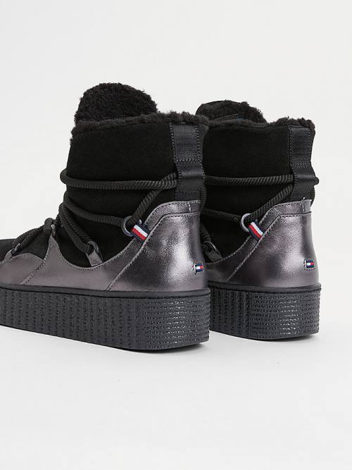 Kozaki Tommy Hilfiger Warm Podszewką Koronkowe-Up Snow Damskie Czarne | TH430OEL