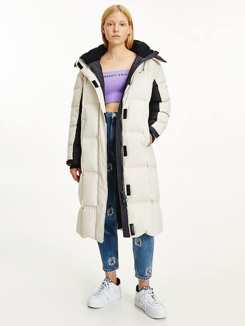 Kurtki Tommy Hilfiger Contrast Panel Long Down Coat Damskie Beżowe | TH634ZKW