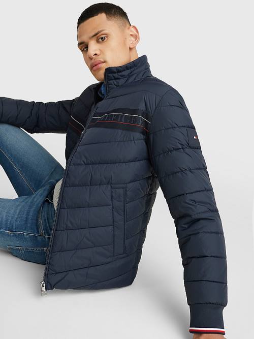 Kurtki Tommy Hilfiger Stand-Up Collar Tape Puffer Męskie Niebieskie | TH638ISK