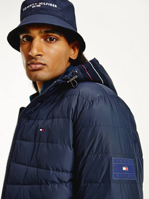 Kurtki Tommy Hilfiger Zakapturzony Tape Puffer Męskie Niebieskie | TH043TYG