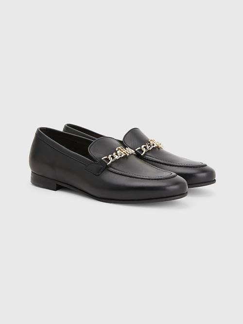 Loafersy Tommy Hilfiger Chain Skórzane Damskie Czarne | TH185AMG