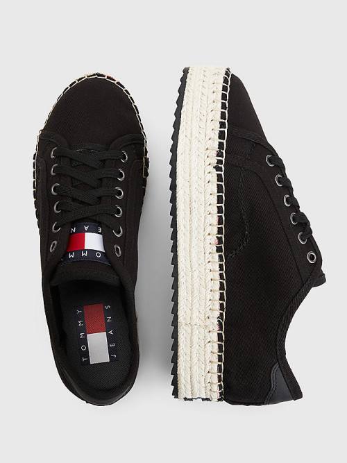 Loafersy Tommy Hilfiger Essential Koronkowe-Up Flatform Espadrilles Damskie Czarne | TH082LWM