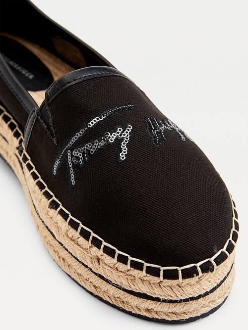 Loafersy Tommy Hilfiger Sequin Signature Flatform Espadrilles Damskie Czarne | TH310WZU