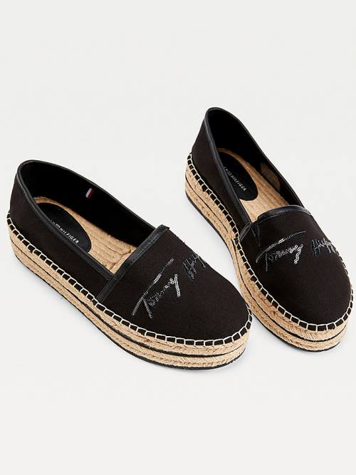 Loafersy Tommy Hilfiger Sequin Signature Flatform Espadrilles Damskie Czarne | TH310WZU