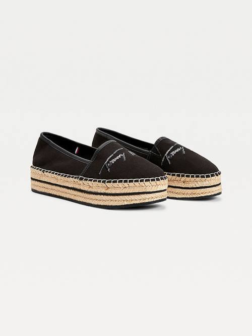 Loafersy Tommy Hilfiger Sequin Signature Flatform Espadrilles Damskie Czarne | TH310WZU