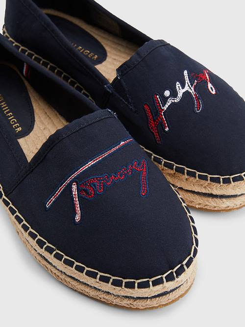 Loafersy Tommy Hilfiger Signature Logo Espadrilles Damskie Niebieskie | TH207OFL