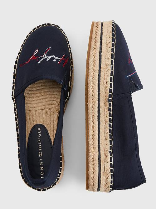 Loafersy Tommy Hilfiger Signature Logo Espadrilles Damskie Niebieskie | TH207OFL