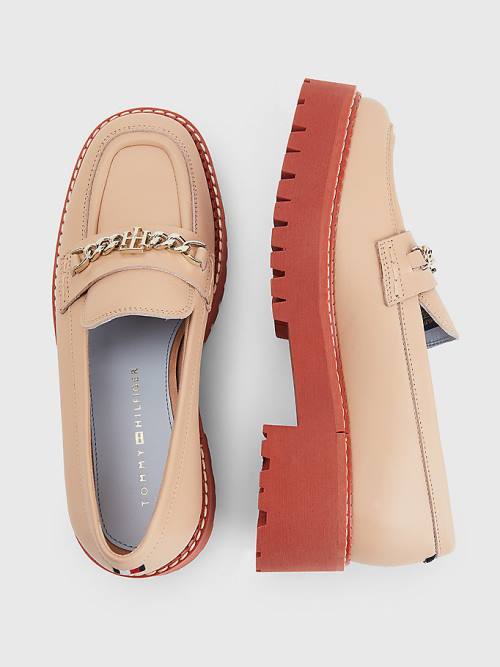 Loafersy Tommy Hilfiger Skórzane Chain Chunky Damskie Beżowe | TH170PGD