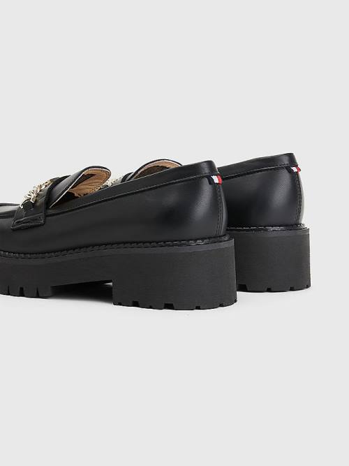 Loafersy Tommy Hilfiger Skórzane Chain Chunky Damskie Czarne | TH897SLF