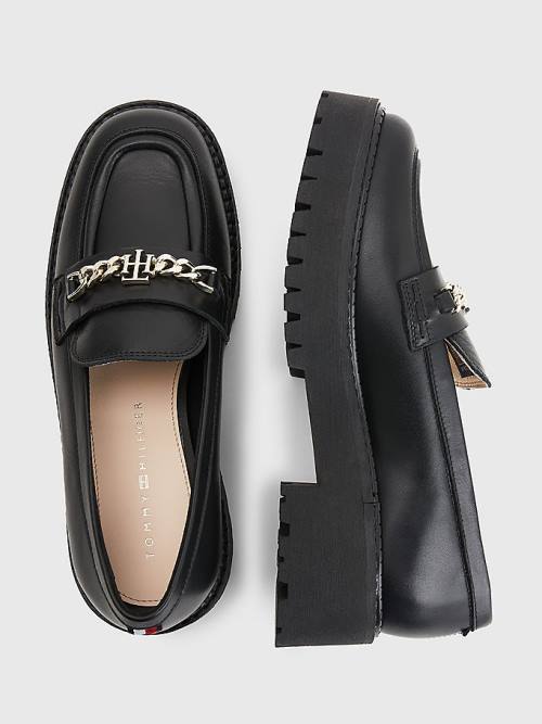 Loafersy Tommy Hilfiger Skórzane Chain Chunky Damskie Czarne | TH897SLF