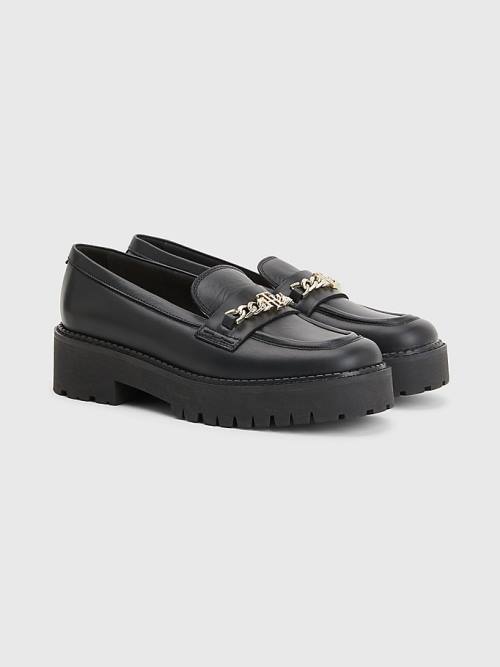 Loafersy Tommy Hilfiger Skórzane Chain Chunky Damskie Czarne | TH897SLF