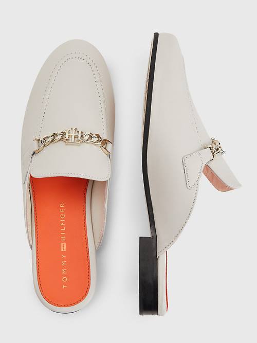 Loafersy Tommy Hilfiger Skórzane Chain Mule Damskie Beżowe | TH514ZED