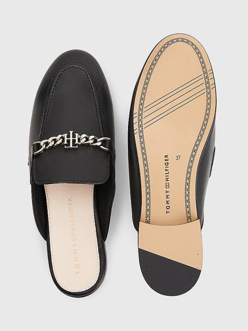 Loafersy Tommy Hilfiger Skórzane Chain Mule Damskie Czarne | TH820UPZ