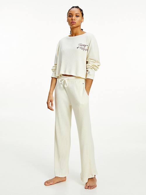 Pyjamas Tommy Hilfiger Lounge Rib-Knit Cropped Long Sleeve Damskie Białe | TH849NDK