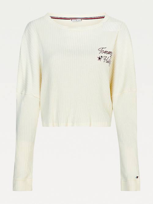 Pyjamas Tommy Hilfiger Lounge Rib-Knit Cropped Long Sleeve Damskie Białe | TH849NDK