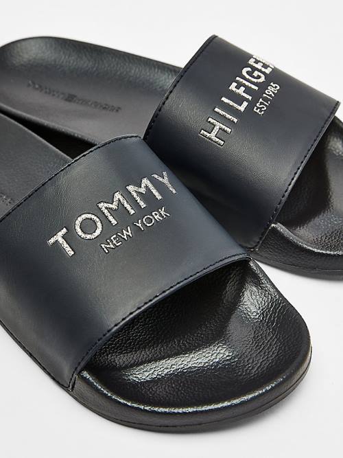 Sandały Tommy Hilfiger Glitter Logo Pool Slides Damskie Niebieskie | TH836HXI