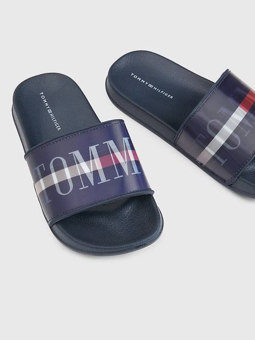 Sandały Tommy Hilfiger Holographic Logo Pool Slides Chłopięce Niebieskie | TH124FWR