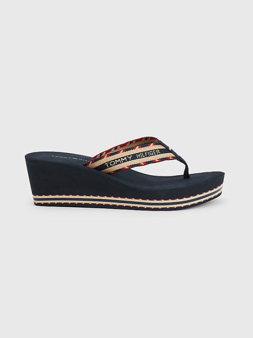 Sandały Tommy Hilfiger Logo Webbing High Koturny Flip-Flops Damskie Niebieskie | TH538UWC