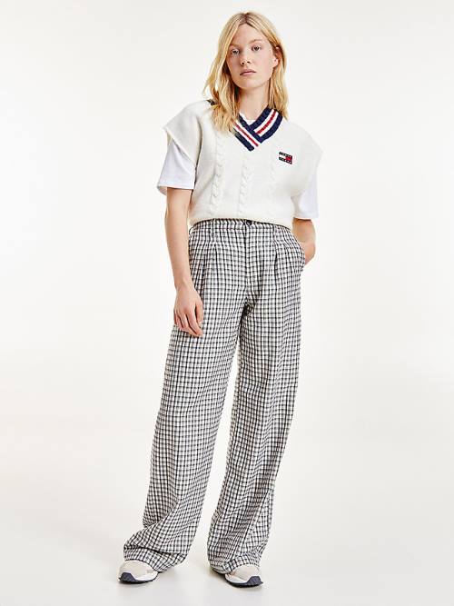 Spodnie Tommy Hilfiger Check Relaxed Fit Szerokie Leg Damskie Beżowe | TH723FZV