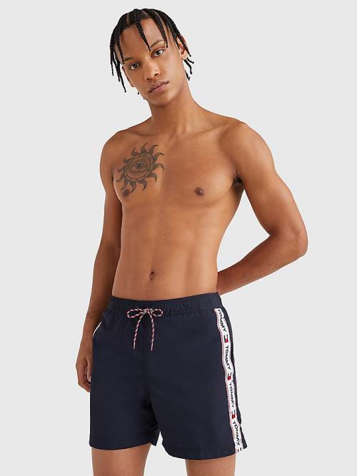 Stroje Kąpielowe Tommy Hilfiger Logo Tape Slim Fit Mid Length Shorts Męskie Niebieskie | TH791IOK