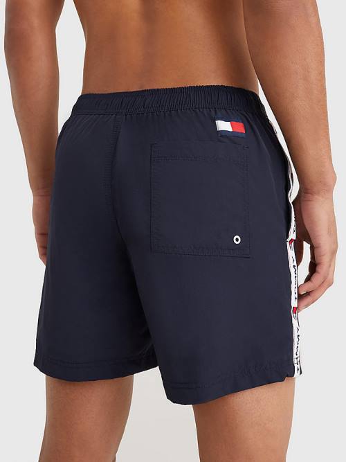 Stroje Kąpielowe Tommy Hilfiger Logo Tape Slim Fit Mid Length Shorts Męskie Niebieskie | TH791IOK