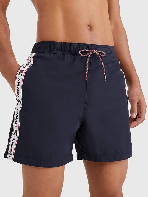 Stroje Kąpielowe Tommy Hilfiger Logo Tape Slim Fit Mid Length Shorts Męskie Niebieskie | TH791IOK