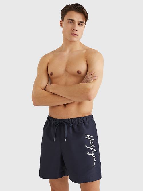 Stroje Kąpielowe Tommy Hilfiger Mid Length Signature Logo Shorts Męskie Niebieskie | TH731QDM