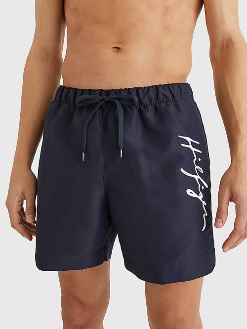 Stroje Kąpielowe Tommy Hilfiger Mid Length Signature Logo Shorts Męskie Niebieskie | TH731QDM