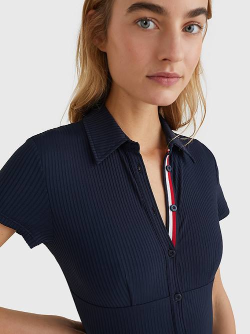 Stroje Kąpielowe Tommy Hilfiger Ribbed Polo One Piecesuit Damskie Niebieskie | TH761BJK