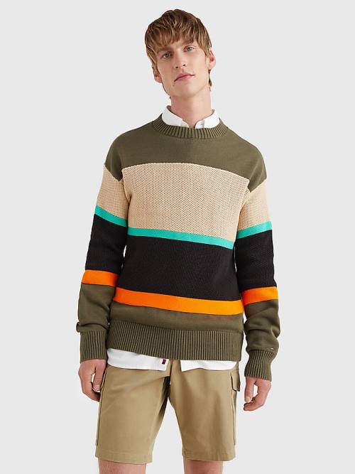 Swetry Tommy Hilfiger Colour-Blocked Mixed Knit Jumper Męskie Khaki | TH019GRA