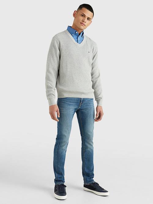 Swetry Tommy Hilfiger Knitted Grid Check V-Neck Jumper Męskie Szare | TH458LEF