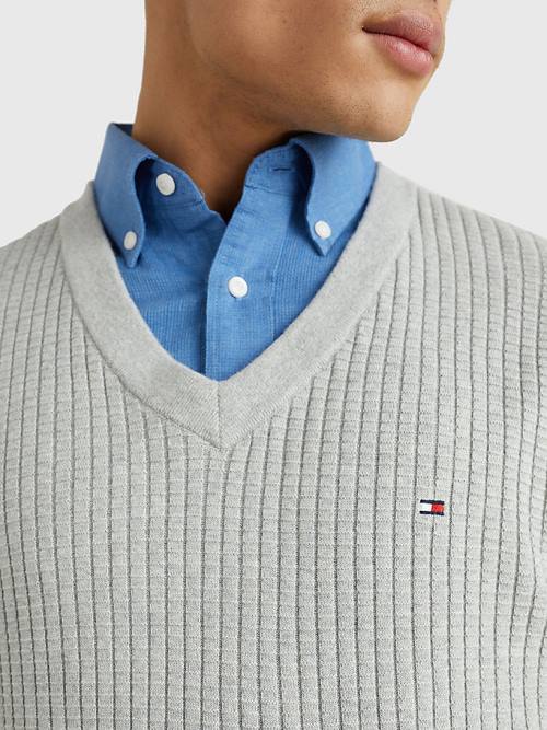 Swetry Tommy Hilfiger Knitted Grid Check V-Neck Jumper Męskie Szare | TH458LEF