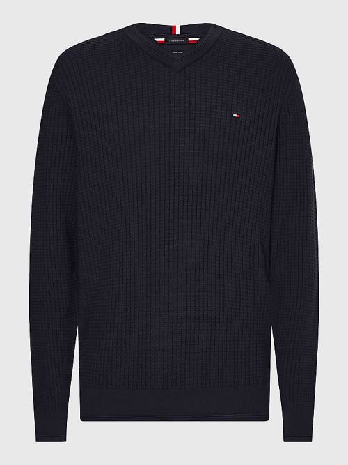 Swetry Tommy Hilfiger Knitted Grid Check V-Neck Jumper Męskie Niebieskie | TH542XMB