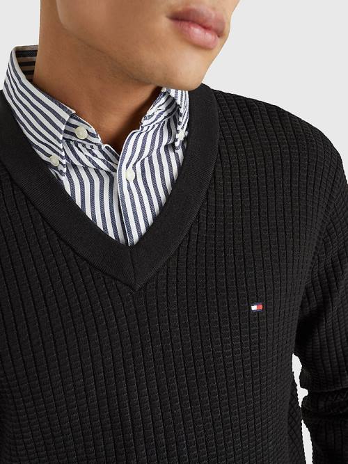 Swetry Tommy Hilfiger Knitted Grid Check V-Neck Jumper Męskie Czarne | TH712VBI