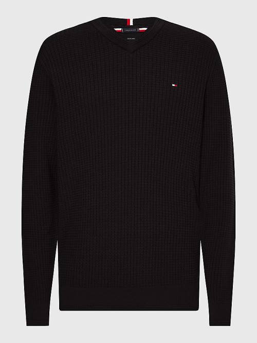 Swetry Tommy Hilfiger Knitted Grid Check V-Neck Jumper Męskie Czarne | TH712VBI