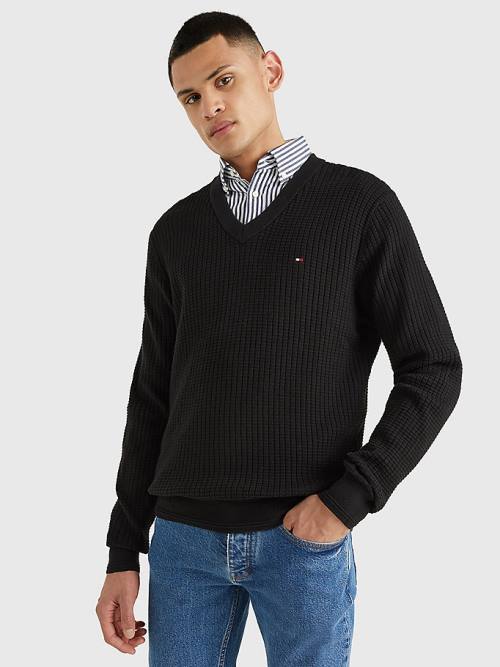 Swetry Tommy Hilfiger Knitted Grid Check V-Neck Jumper Męskie Czarne | TH712VBI