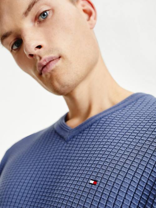 Swetry Tommy Hilfiger Knitted Grid Check V-Neck Jumper Męskie Niebieskie | TH719PXC