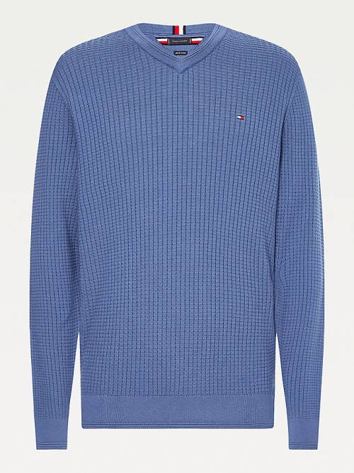 Swetry Tommy Hilfiger Knitted Grid Check V-Neck Jumper Męskie Niebieskie | TH719PXC