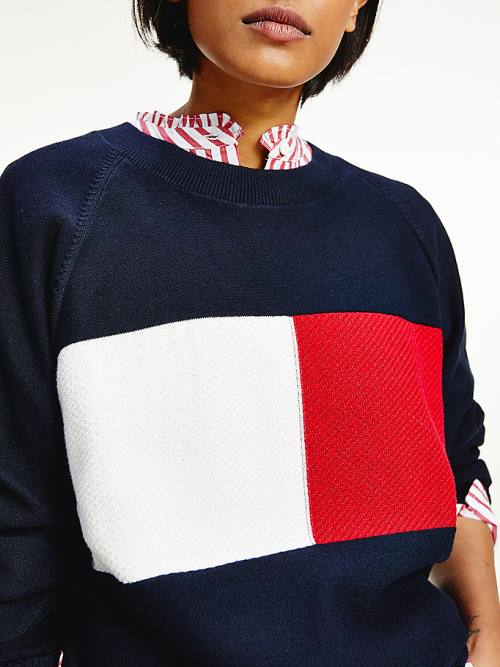 Swetry Tommy Hilfiger Organic Bawełniane Colour-Blocked Flag Jumper Damskie Niebieskie | TH870KXQ