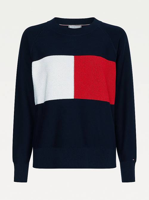 Swetry Tommy Hilfiger Organic Bawełniane Colour-Blocked Flag Jumper Damskie Niebieskie | TH870KXQ